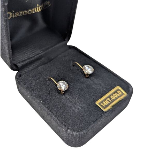 Diamonique 14K Gold Leverback Earrings 0.8ct CZ Simulated Diamond Classic - Picture 2 of 4